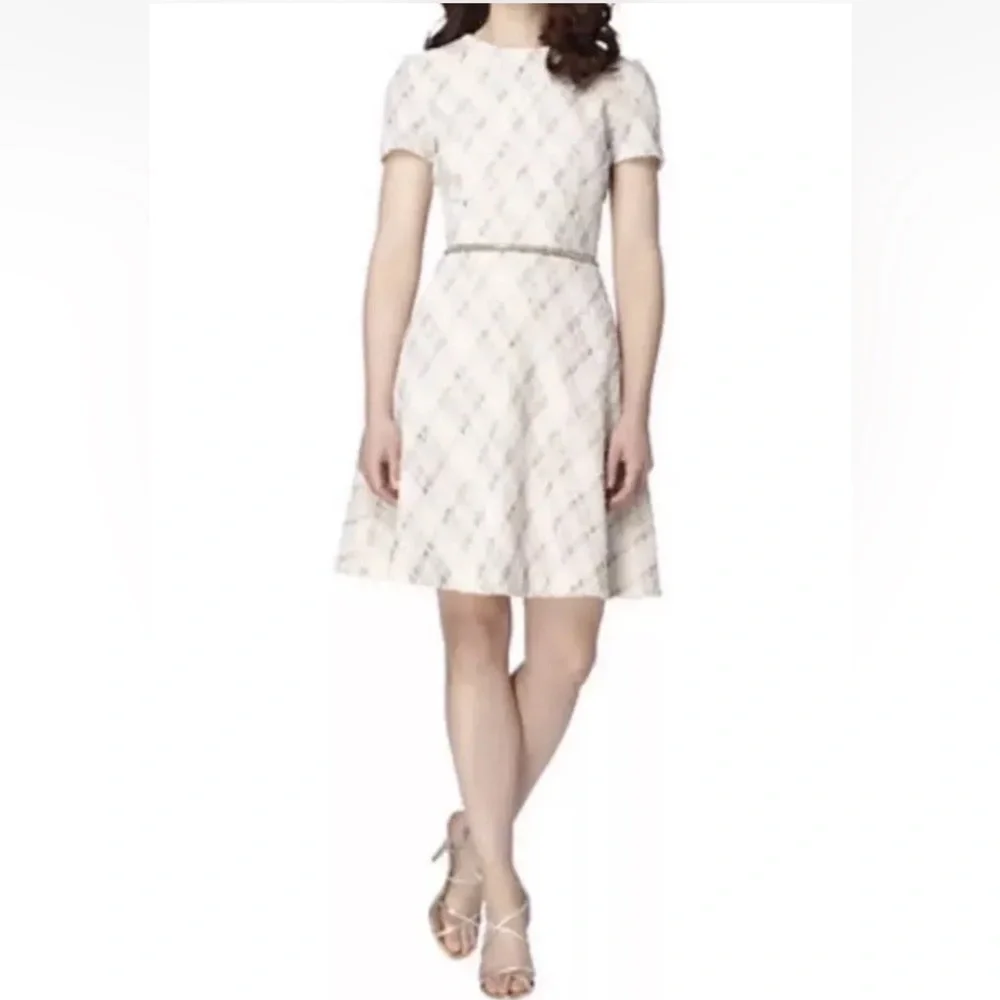 TAHARI ASL Sequin Tweed Pearl Chain Belted Fit & Flare Dress. 4P. NWT.